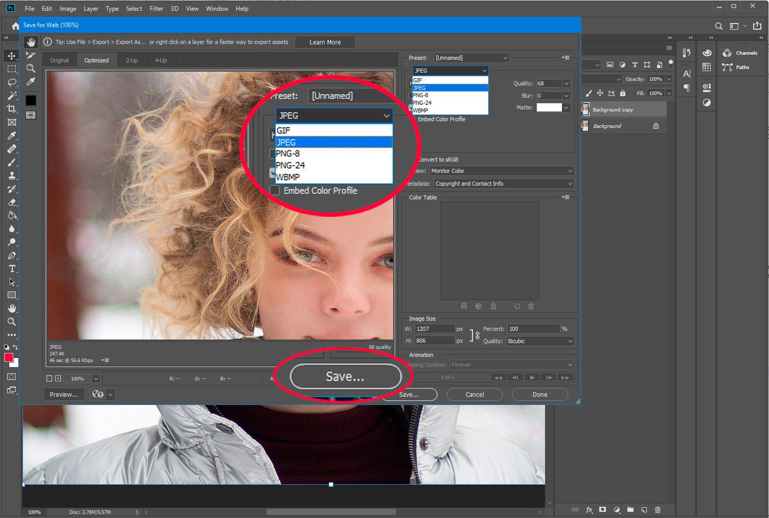 Adobe Photoshop.. save PSD for web in jpg..