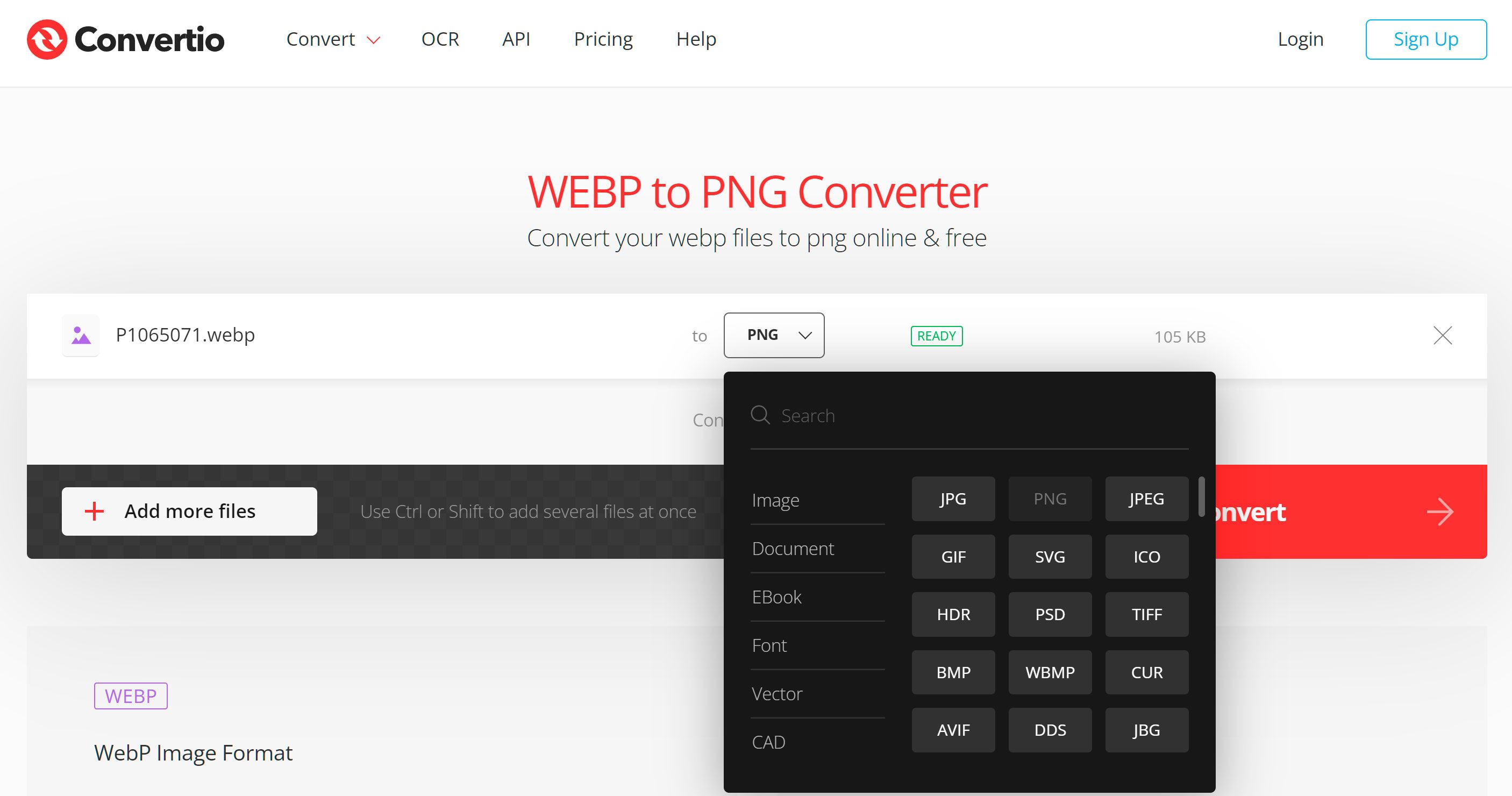 Επιλέξτε τη μορφή PNG για μετατροπή από το WebP Online..